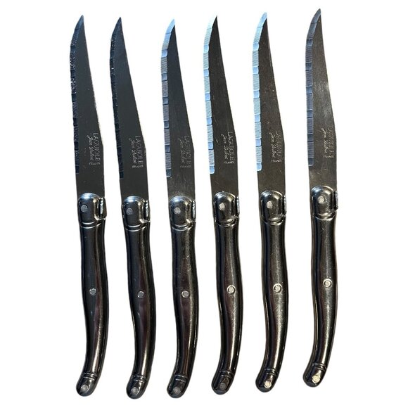6 Authentic French Jean Dubost Laguiole Steak Knives Silver Colour - Picture 2 of 13